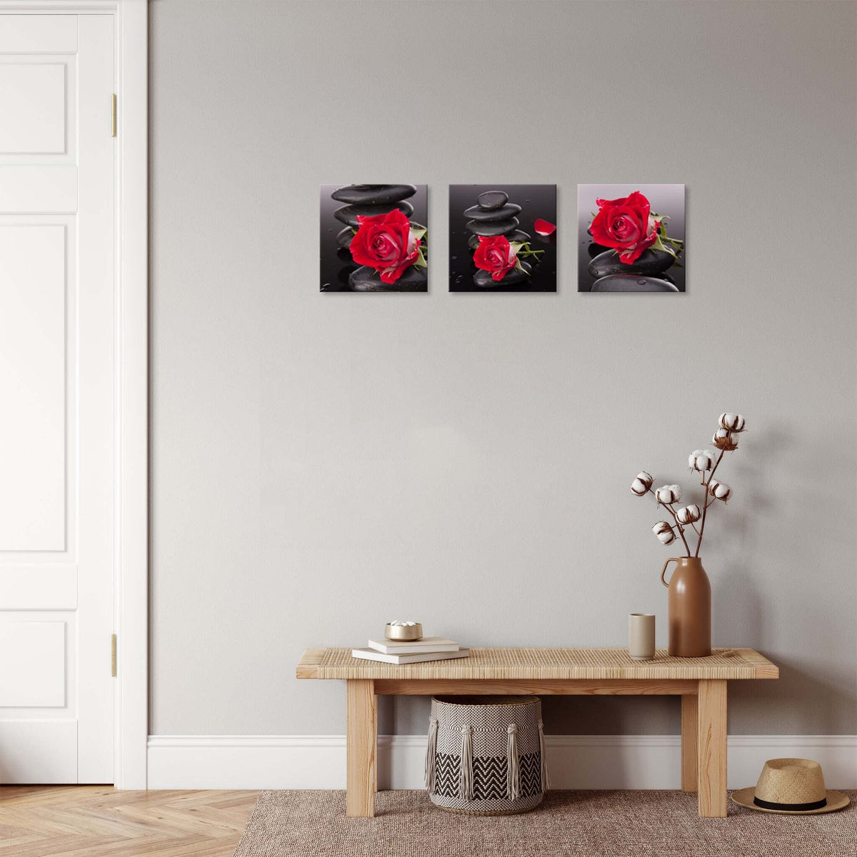 Red Canvas Wall Art Bedroom Wall Decor Black and White Zen Stones Spa Wall Art Rose Pictures for Living Room Kitchen Home Decorations Red Bathroom Accessories Flower Paintings Room Artwork (20 x 20 inches (3-Piece Set) / Rose & Zen Stone)