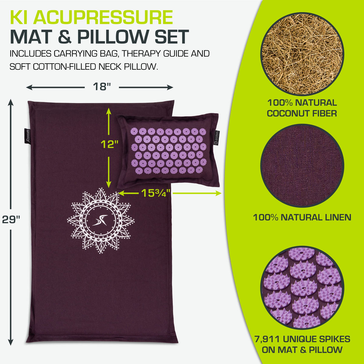 Fit Ki Acupressure Mat and Pillow Set with 100% Natural Linen for Back (Royal Lilac)