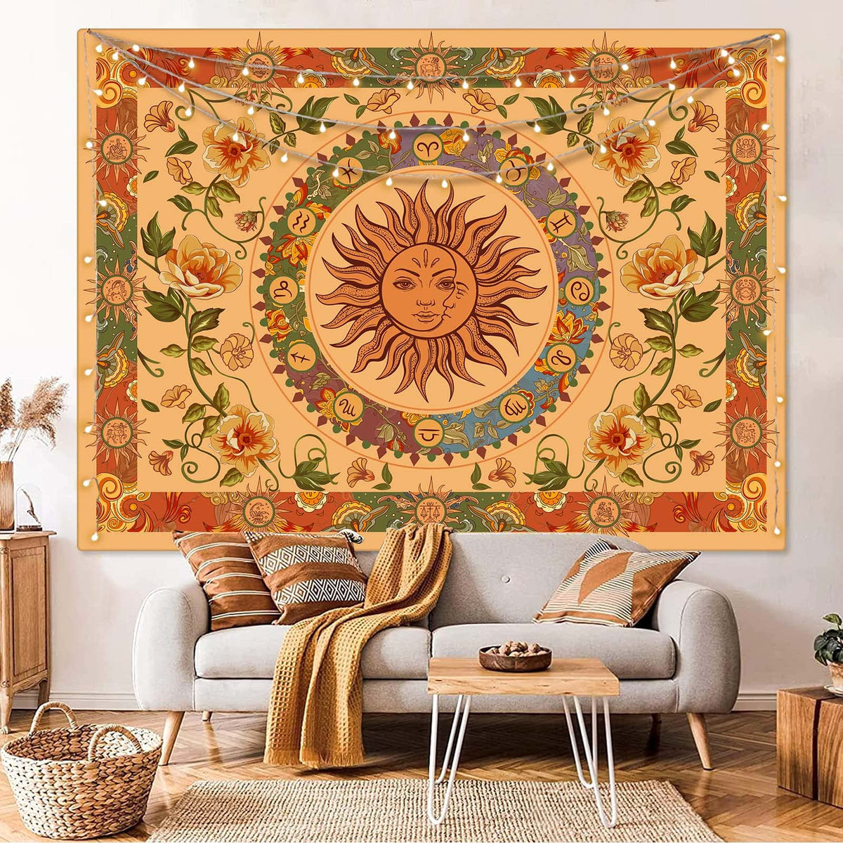 Yellow Sun and Moon Tapestry Hippie Indie Tapestries Boho Orange Flower Floral Tapestry Wall Hanging Cool Vintage Aesthetic Wall Tapestry for Bedroom Living Room Dorm (Orange / 80"L x 60"W)