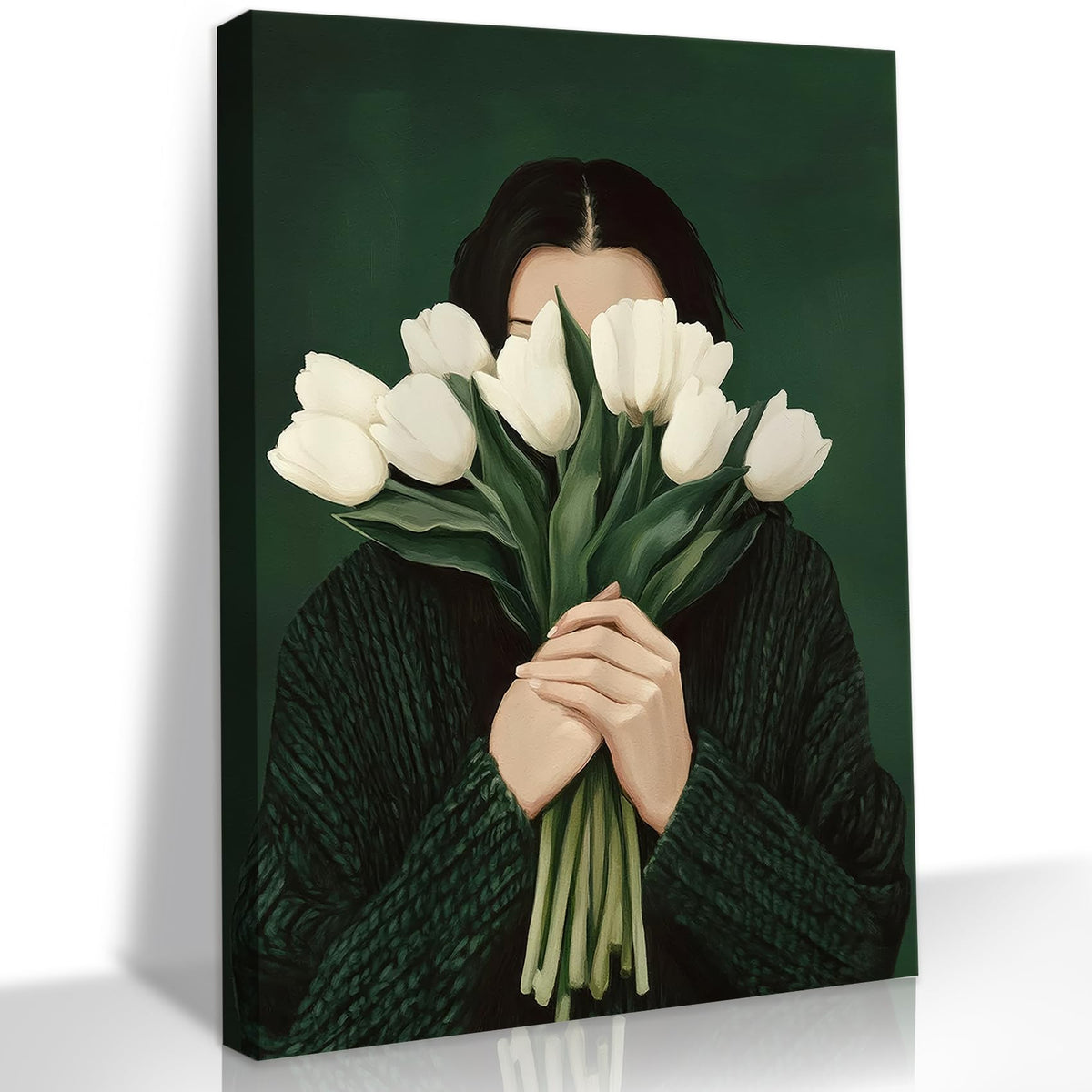 Vintage Emerald Green Abstract Woman Wall Art Funky Feminine Girl Aesthetic Canvas Wall Decor Person Holding White Tulips Picture Print Eclectic Bedroom Living Room Painting (Flower Woman / 24"L x 16"W)