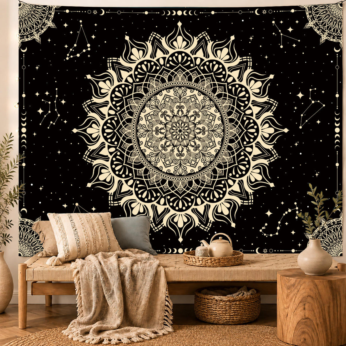 Boho Mandala Tapestry for Bedroom (Black Mandala Tapestry / 90"L x 71"W)