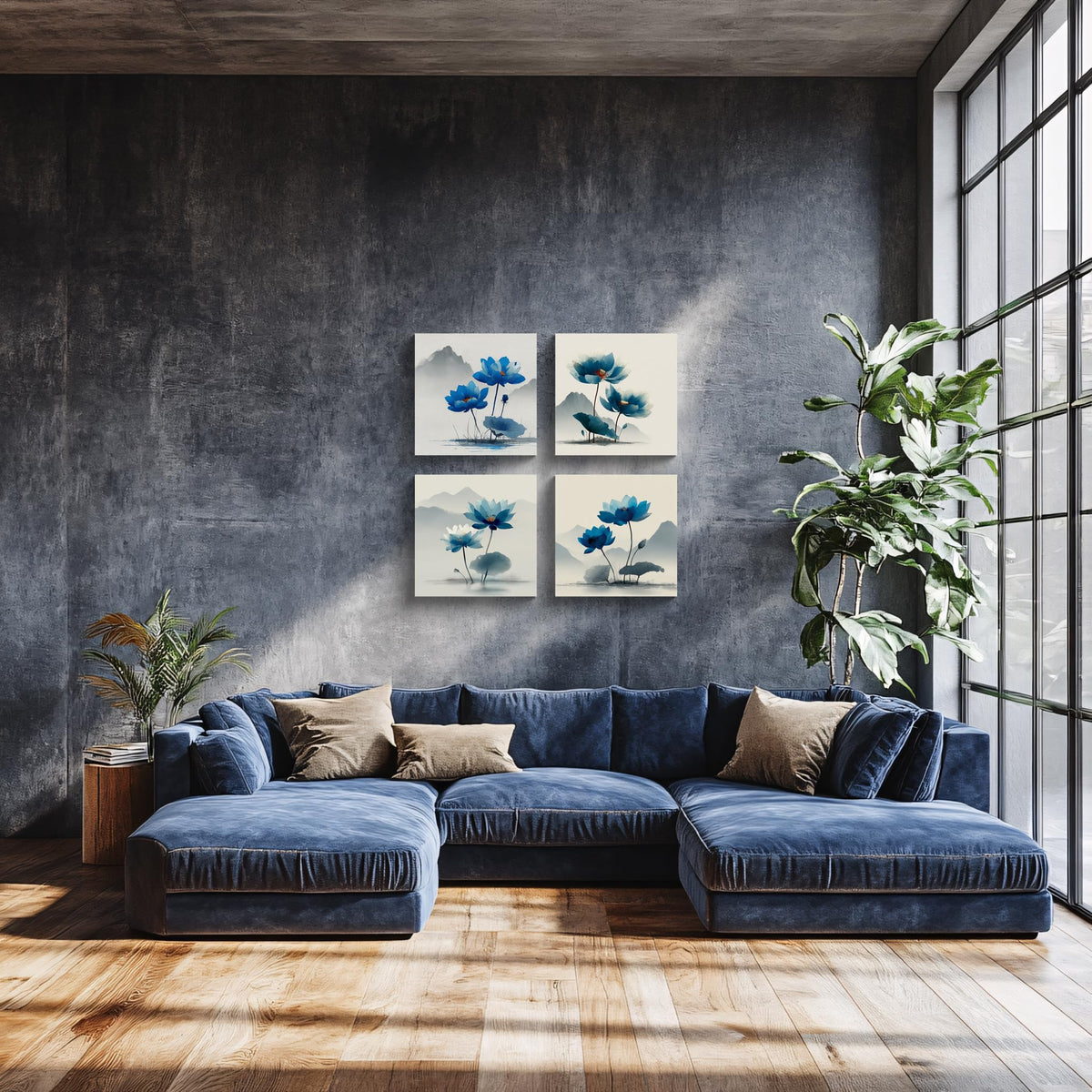 4PCS Blue Lotus Flower Wall Art Oriental Ink Painting Style Watercolor Botanical Canvas Print Traditional Chinese Zen Artwork Mountain Landscape Decor for Living Room Bedroom Meditation Space (16X16inchX4 / Blue Lotus-1)