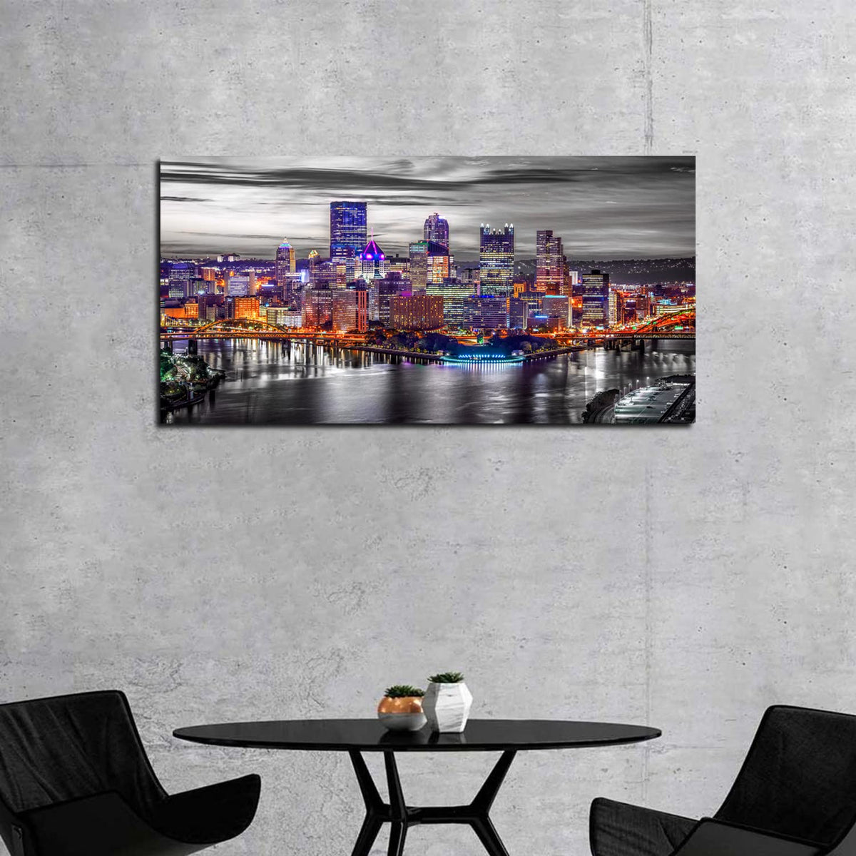 Pittsburgh Wall Art Living Room Decorations Black and White City Skyline Picture Modern Office Wall Decor Pennsylvania Nightscape Panoramic Canvas Prints Cityscape Painting Skyscraper Artwork 20x40" (40"L x 20"W / Pittsburgh)