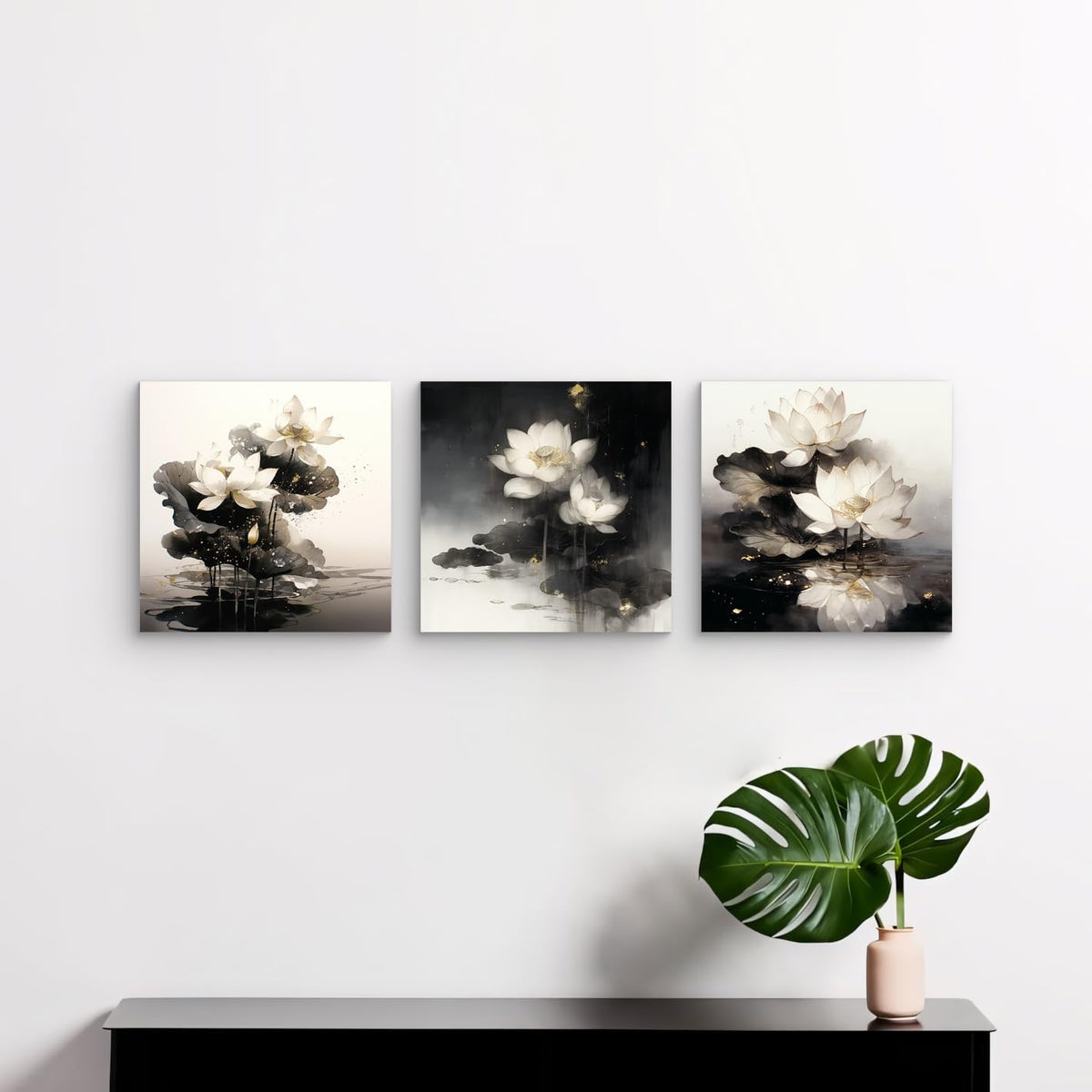 3Pcs White Lotus Flowers Canvas Wall Art Gold Leaf Ink Wash Zen Botanical Prints Modern Minimalist Floral Prints for Bedroom Bathroom Living Room Decor Nature Artwork Ready to Hang (White Lotus with Golden Accents-1 / 16x16inchx3)