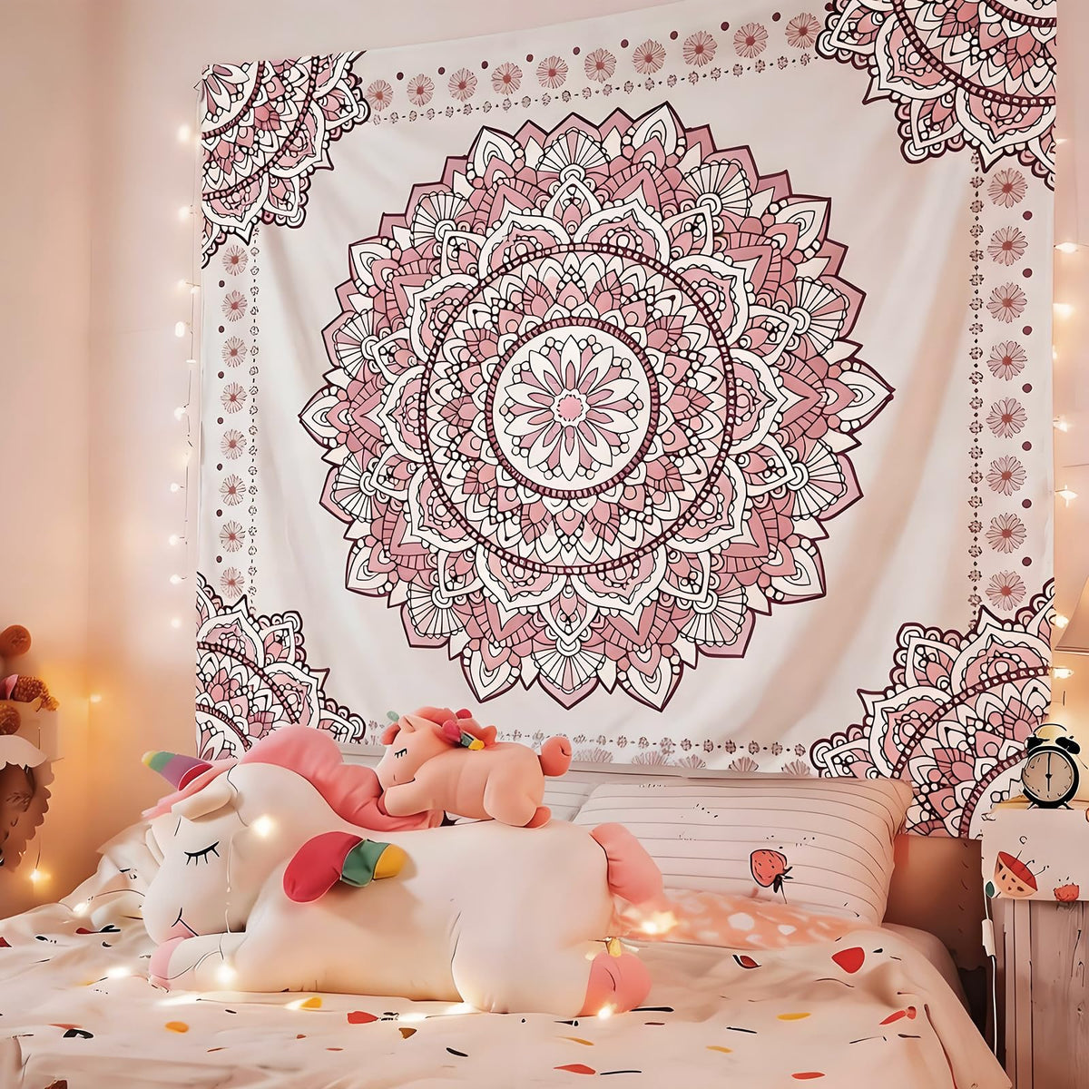 Pink Mandala Tapestry for Bedroom Aesthetic (A Pink Mandala Tapestry / 48"L x 36"W)