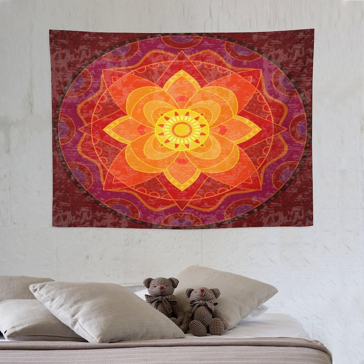 Red Mandala Tapestry Wall Hanging Bright Circular Ethnic Pattern Native Indian Ornament Tapestries Home Decor for Living Room Bedroom Kitchen Dorm 30"x40" (30"L x 40"W / Mandala-9)