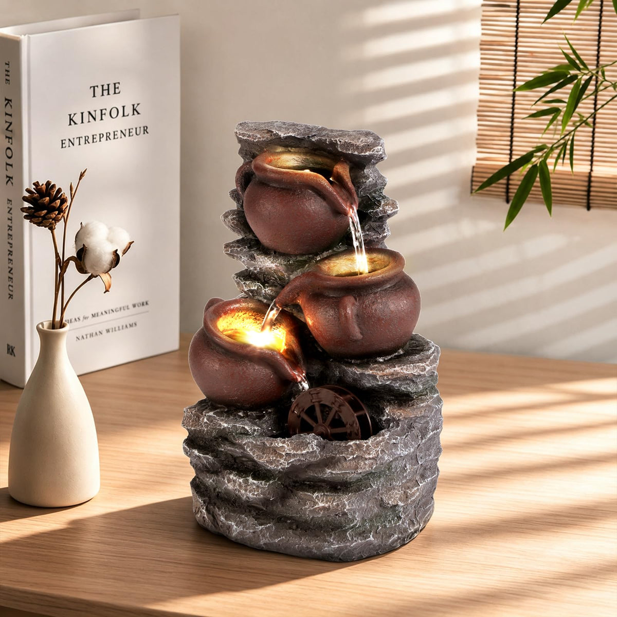 Tabletop Fountain Warer Fountains Indoor Waterfall Fountain Indoor Relaxing Water Feature Meditation Fountains with LED Warm Light & Water Spinning Wheel for Home Office Bedroom Decor (Brown)