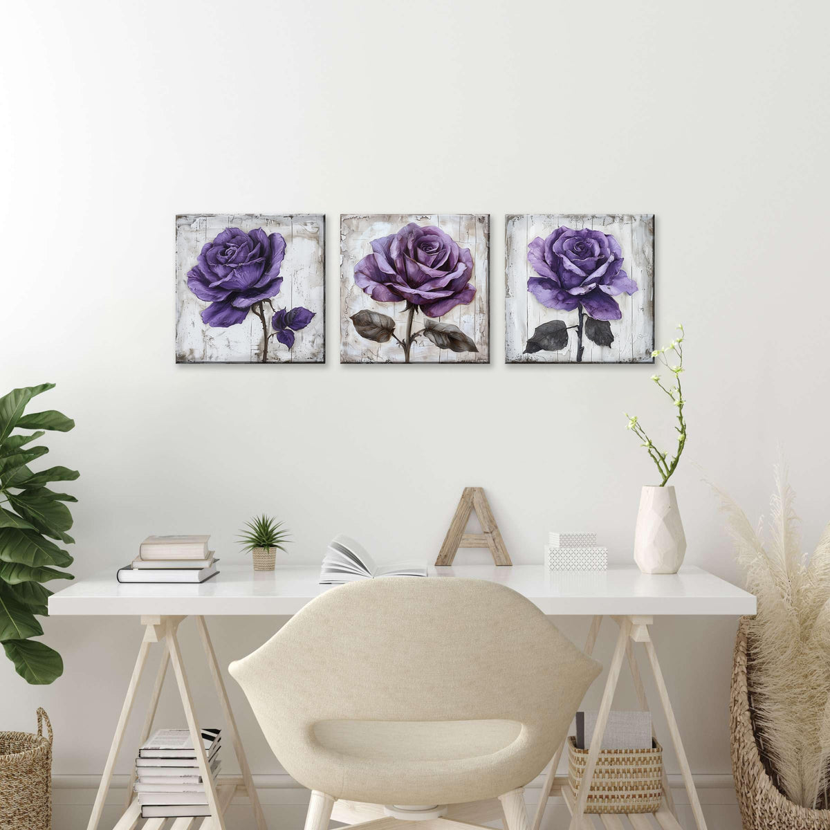 3Pcs Purple Rose Canvas Prints Wall Art Botanical Floral Art Modern Flower Artwork Ready to Hang Textured Wall Art Print Decorative Wall Hanging for Living Room Bedroom Kitchen (14 x 14 inches (3-Piece Set) / Purple Rose)