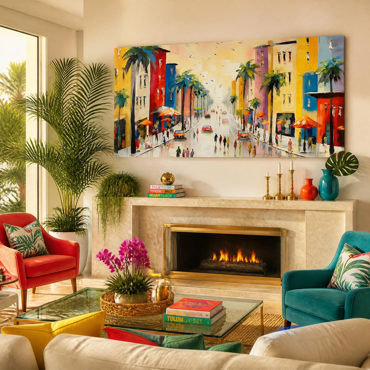 Colorful City Street Canvas Wall Art Vibrant Tropical Palm Tree Painting Print Gallery Wrapped Faux Impasto Coastal Town Artwork for Living Room Bedroom Bathroom Decor (Abstract / White Street 5 / 40"L x 20"W)