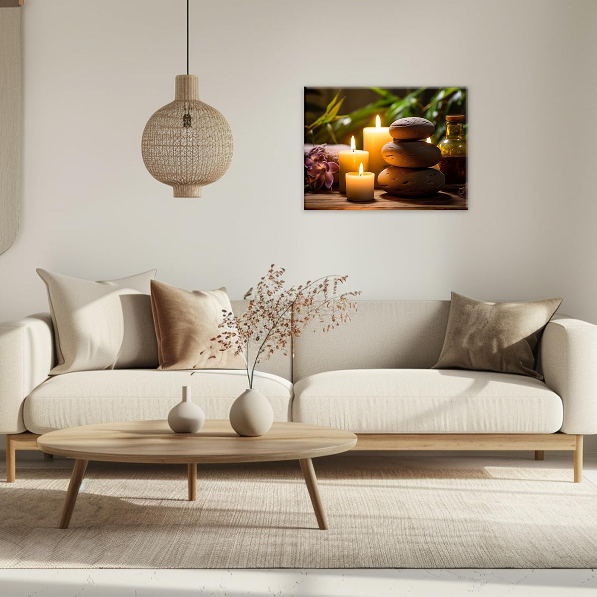 Zen Canvas Wall Art Stacked Spa Stones White Candle Painting Relaxation Artwork Meditation Decor for Spa Yoga Room Bathroom Ready To Hang (Artwork-3 / 36"L x 24"W)