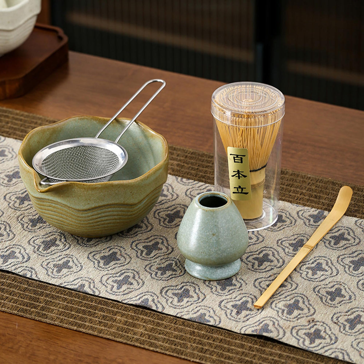 Matcha Bowl Set with Bamboo Whisk (light turquoise green (with a textured finish))
