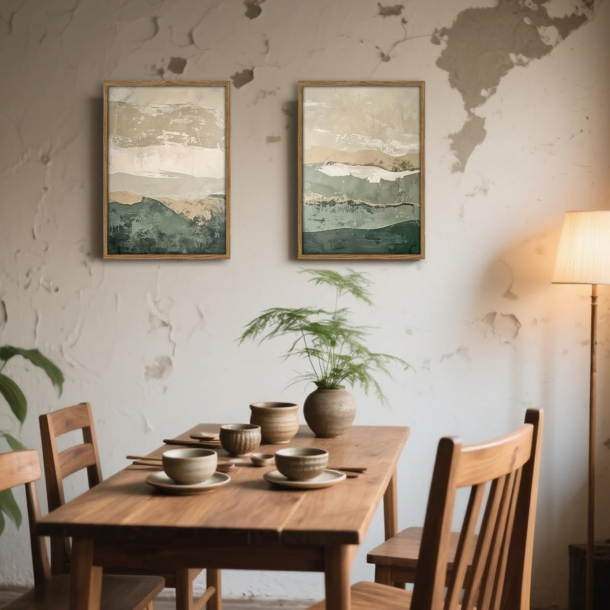 Green Abstract Landscape Wall Art Japanese Textured Mountain Canvas Print (Gray Green / 12x16 Inches)