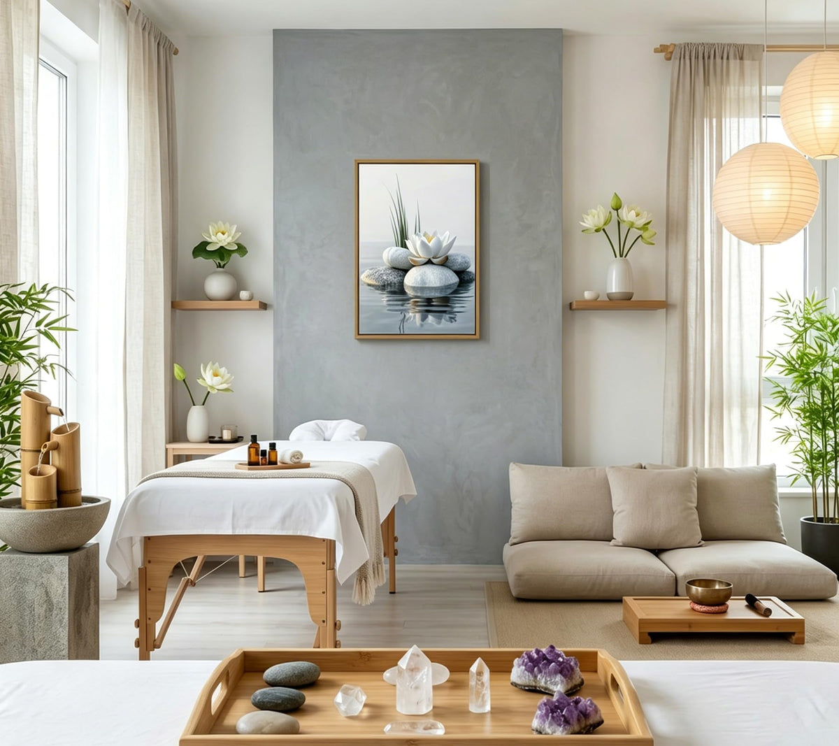 Floating Framed Zen White Lotus Canvas Wall Art (Lotus Stone / 10L"x8W")