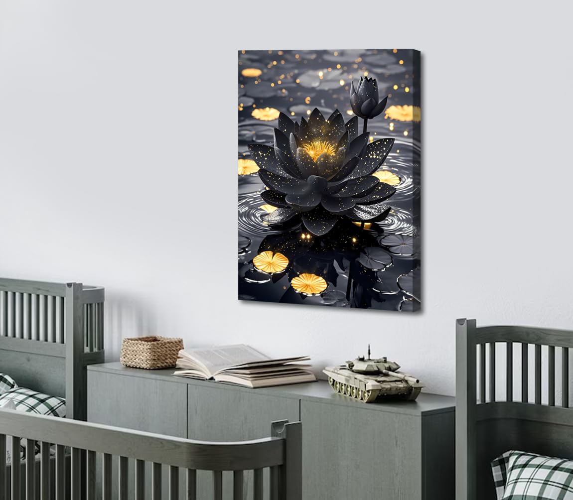 Lotus Floral Wall Art for Zen Office Decor Wall Art (Framed 12"X16"- Black and Gold Lotus Flower Print)