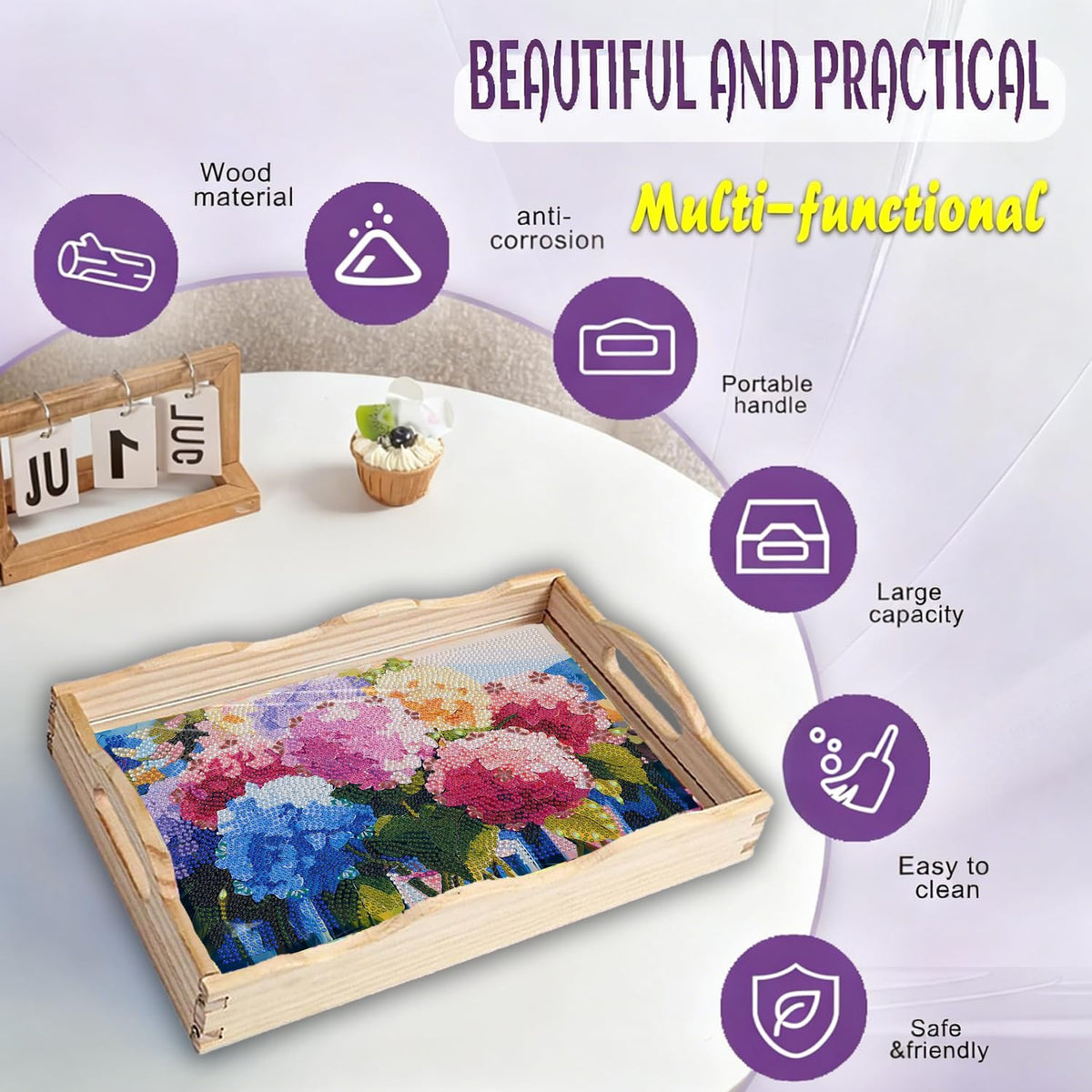 Hydrangea Diamond Art Tray with Handles Gift Home Decor 7.8×11.8 in (D Hydrangea EA NEW)
