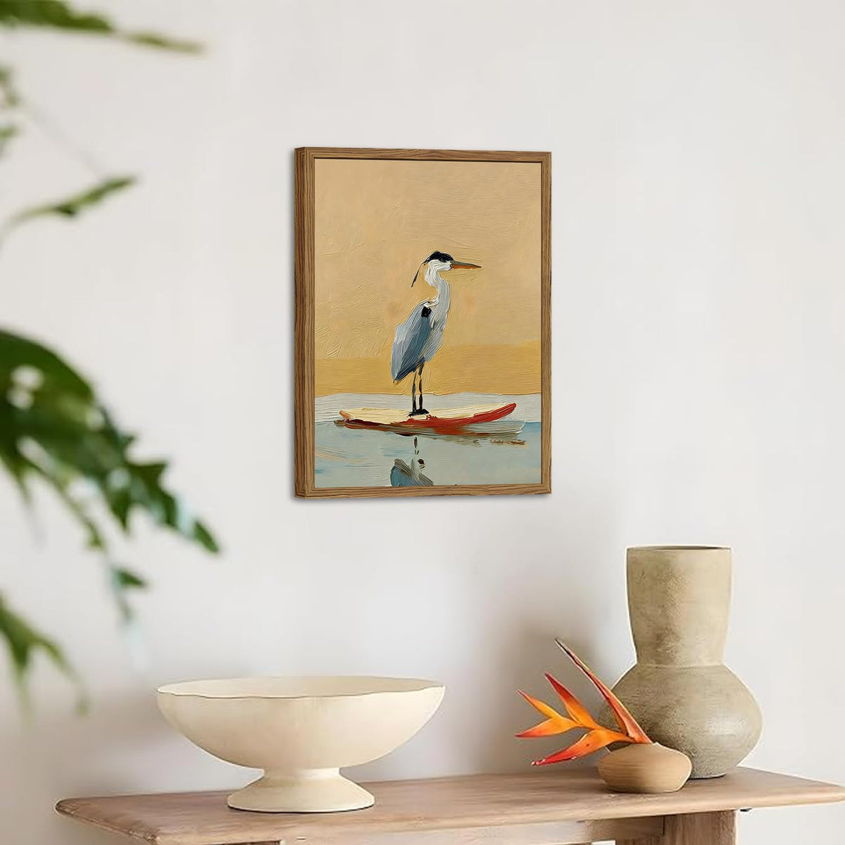 Blue Heron Wall Art Vintage Coastal Bird Wall Decor Picture Beach Wildlife Animal Poster Canvas Painting Print for Bathroom Living Room Bedroom 24x16 Inch Wood Framed (Animal-D / 24"L x 16"W)