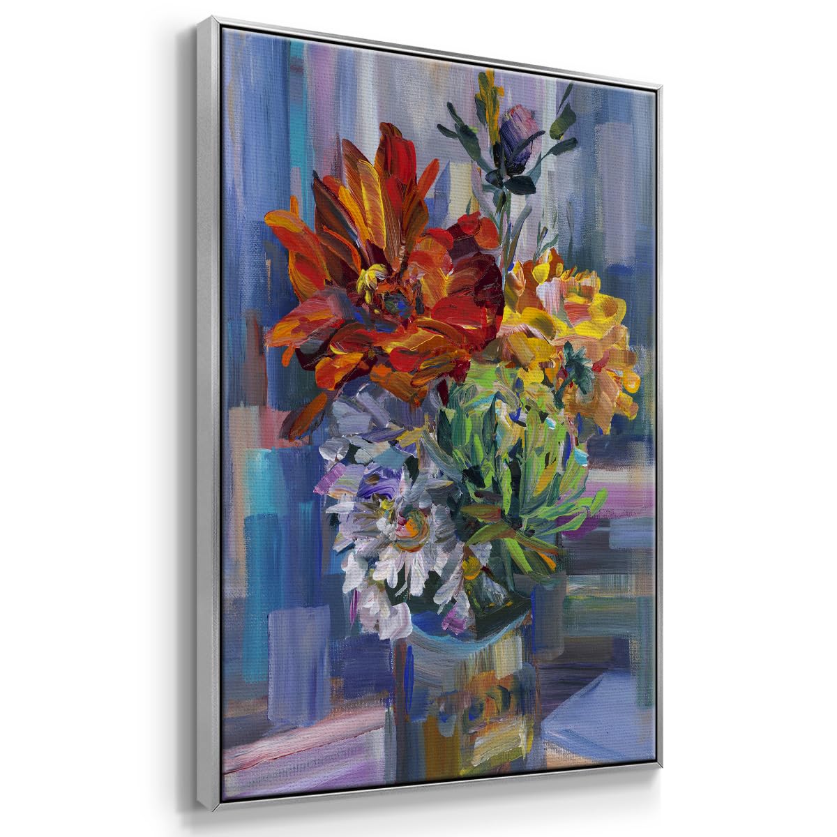 Abstract Wall Art Silver Floating Frame Paintings Multicolor Pastel Flowers in a Vase Canvas Hanging Artwork Prints for Bedroom Office Kitchen (41"L x 27"W / Modern Bouquet)