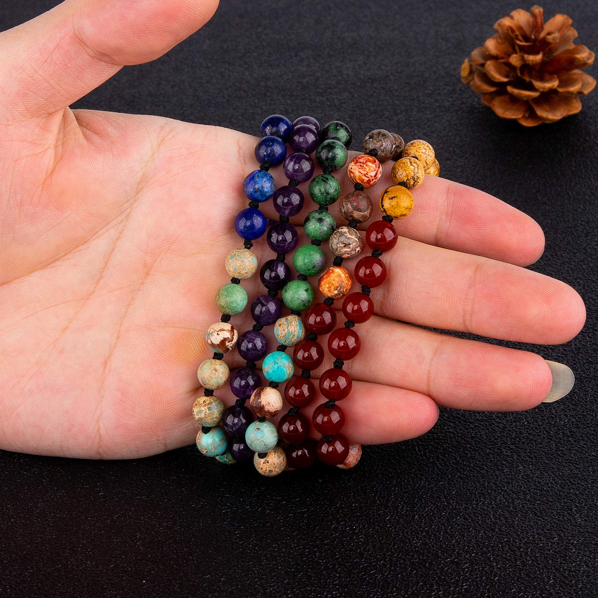 7 Chakra 108 Mala Beads Bracelet Real Gemstone Yoga Meditation Hand Knotted Mala Prayer Bead Necklace (8mm / # Lotus OM - 7 Chakras)