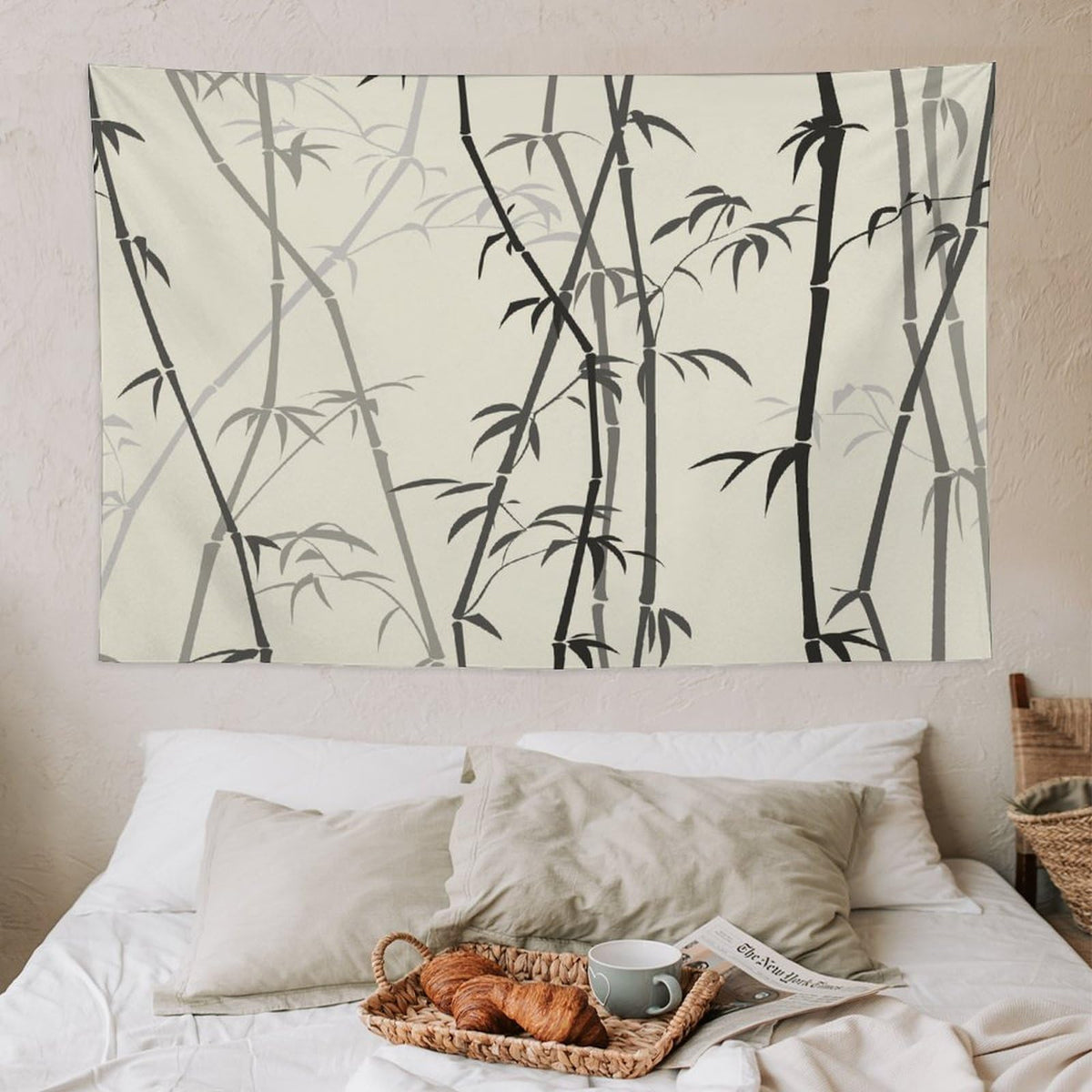 Asian Bamboo Tapestry Wall Hanging Japanese Bamboo Leaf Plant Classical Chinese Oriental Nature Scenery Tapestries Home Decor for Living Room Bedroom Apartment Dorm 40"x60" (40"L x 60"W / Bamboo-4)