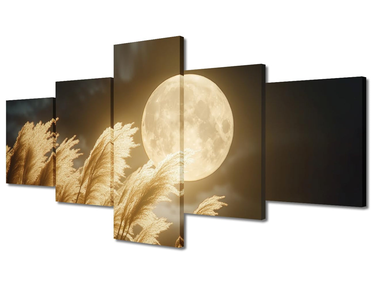Canvas Wall Art Moonlit Meadow Serenity Five Panel Framed Painting Nocturnal Landscape Decor Modern Nature Wall Art Rustic Farmhouse Decor Ready To Hang 50"Wx24"H (50''Wx24''H / Artwork-14)