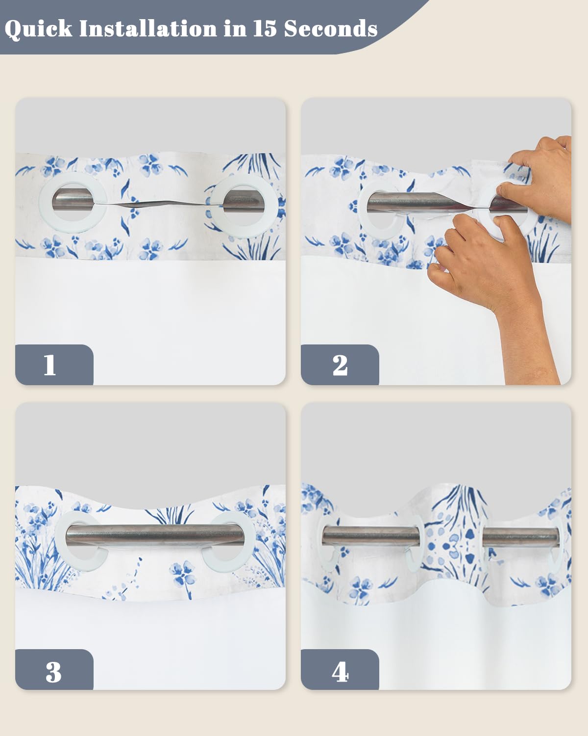 Watercolor Blue Floral Shower Curtain with Snap in Liner Set (Blue Floral)
