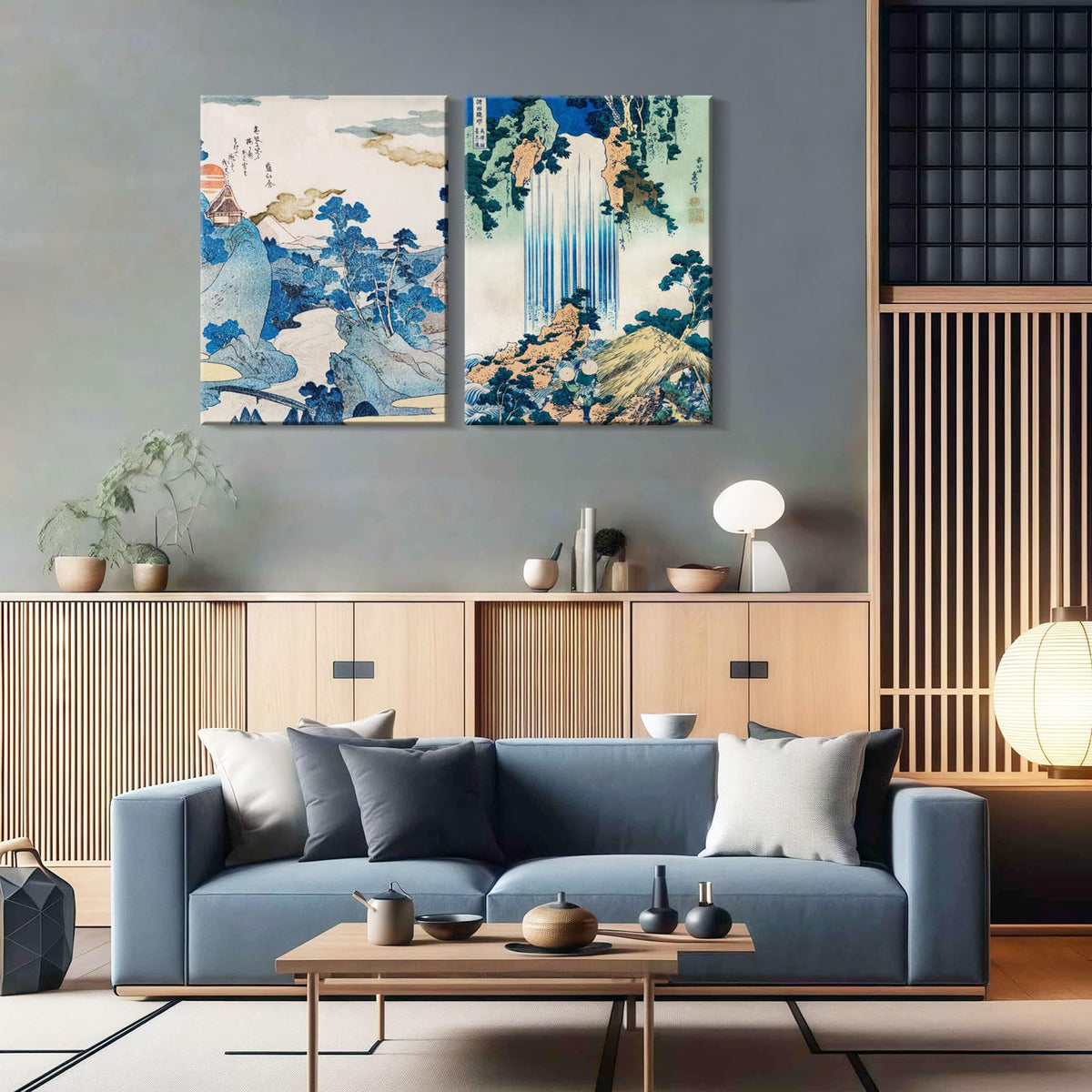 2 Pcs Japanese Landscape Waterfall Wall Art Ukiyo (Blue Landscape / 24"L x 16"W)