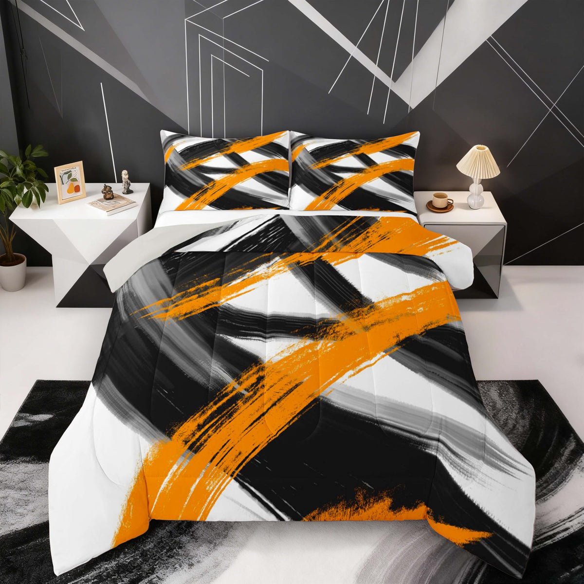 Black Orange Comforter Set Queen Size Abstract Geometric Bedding Set for Boys Girls Modern Minimalist Duvet Quilt Room Decor Breathable Soft Microfiber All Season 3Pcs with 2 Pillow Cases (Multi 45685 / Queen)