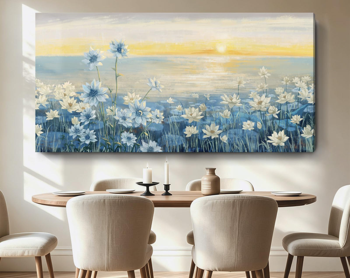Extra Large Wall Art for Living Room Modern Framed Coastal Beachy Canvas Wall Art Big Floral Sunrise Blue Wall Picture Oversized Lake Nature Sunset Artwork for Office Bedroom Decor 58"x29" (Sunrise Wall Art / 58"L x 29"W)