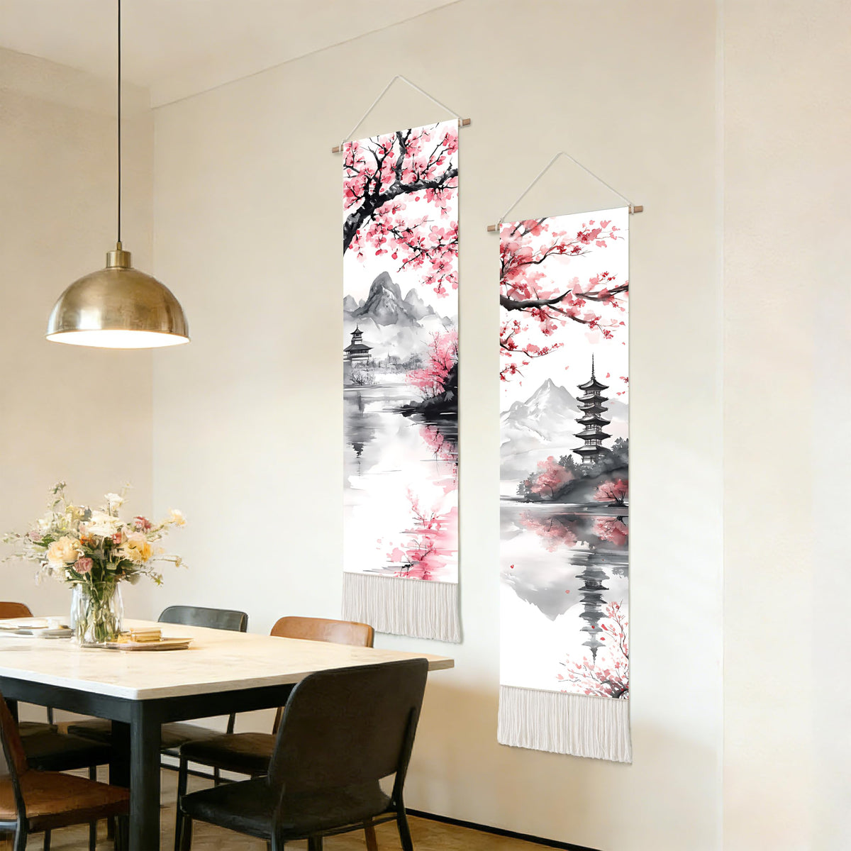 2 Pack Long Vertical Wall Tapestry (Blossom Ink Landscape / 13"Wx51"H)