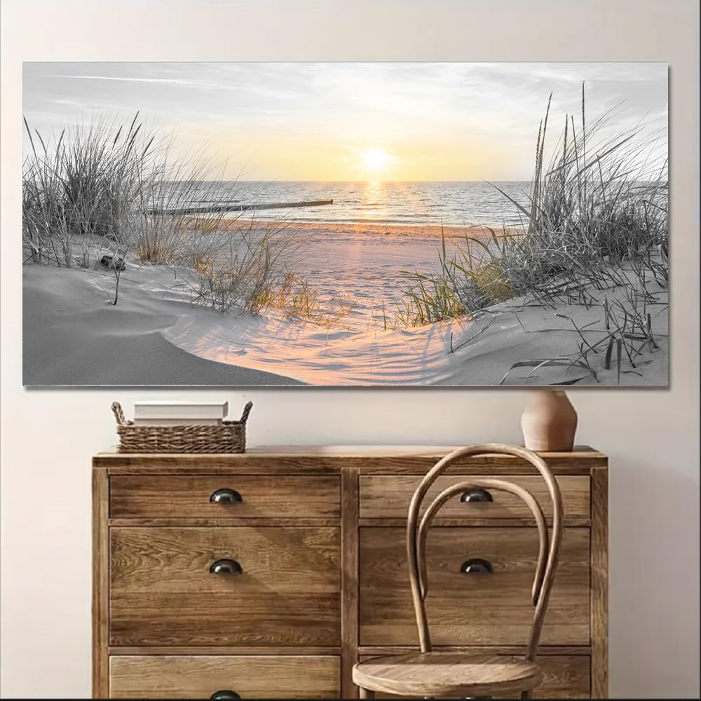 Large Wall Decor Living Room Black and White Sunset Beach Prints Art Ocean Picture Coastal Decor Seascape Artwork Sea Painting Poster Bedroom Wall Art Framed Office Home Decoration (Basunset / 60"L x 30"W)