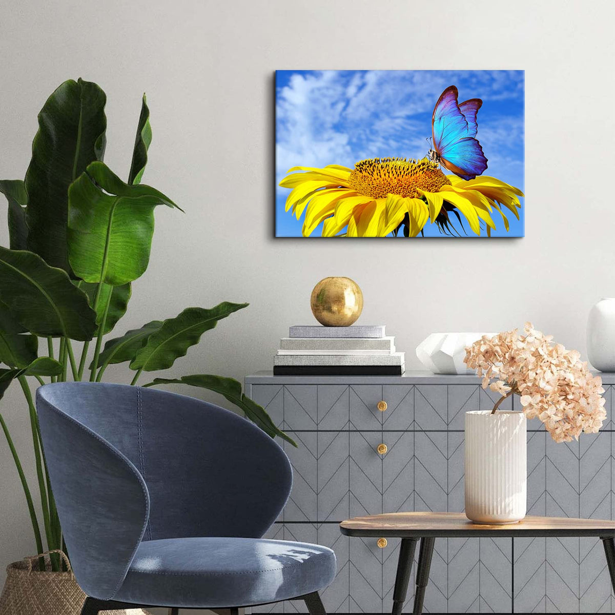 Sunflower Wall Art Bathroom Decor Butterfly Pictures Blue Sky Nature Landscape Canvas Prints Kitchen Sunflower Painting for Living Room Artwork Yellow Floral Posters Bedroom Home Decorations 12x16" (16"L x 12"W / Sunflower Butterfly)