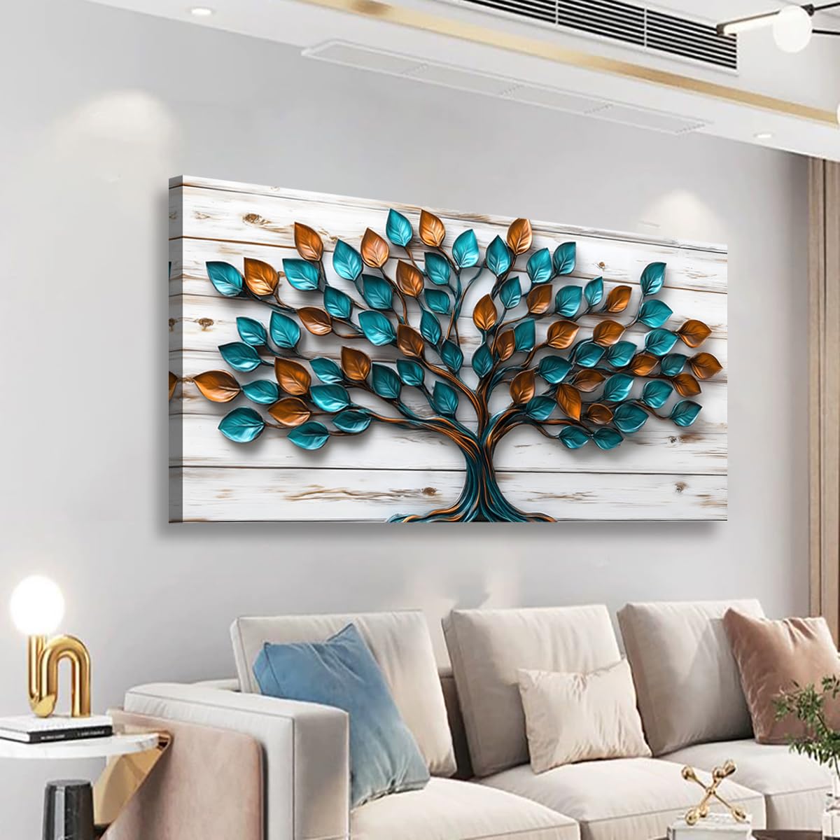 Tree of Life Teal Gold Tree Leaves Pictures Canvas Wall Art for Living Room Office Bedroom Abstract Wall DecorArt Print Paintings Modern Metal Tree Wood Plank Artwork Waterproof to Hang (40"L x 20"W / Teal Gold Tree Leaves)