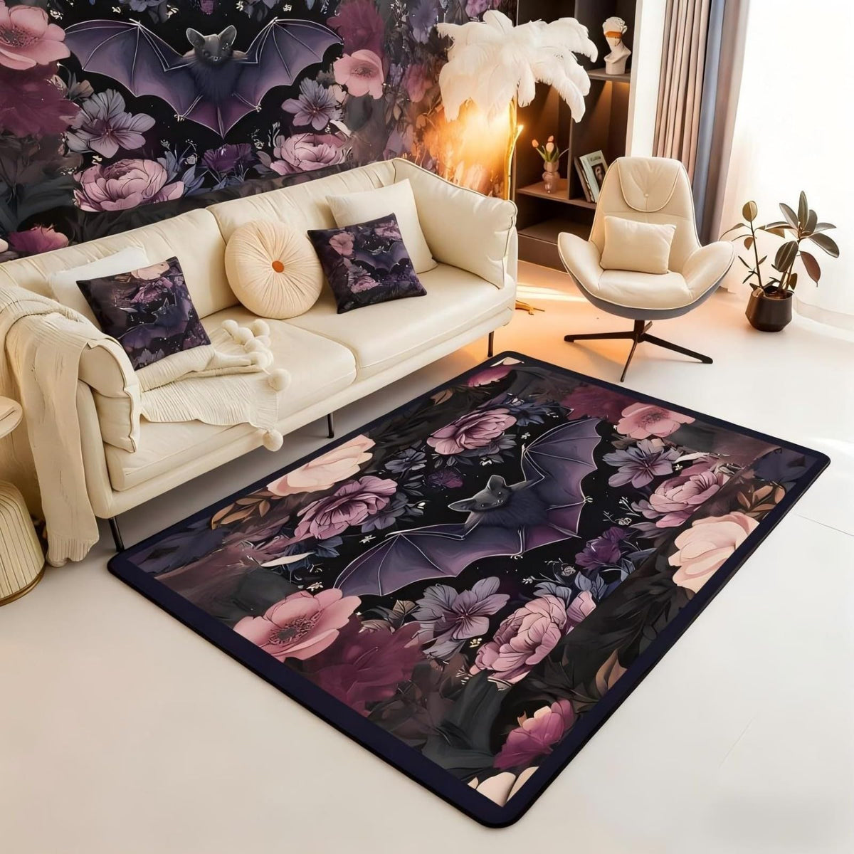 Black Floral Bat 3x5 Area Rug Halloween Bats Rugs for Living Room (Black Purple Pink / 3'3" x 4'11" (Rectangular))