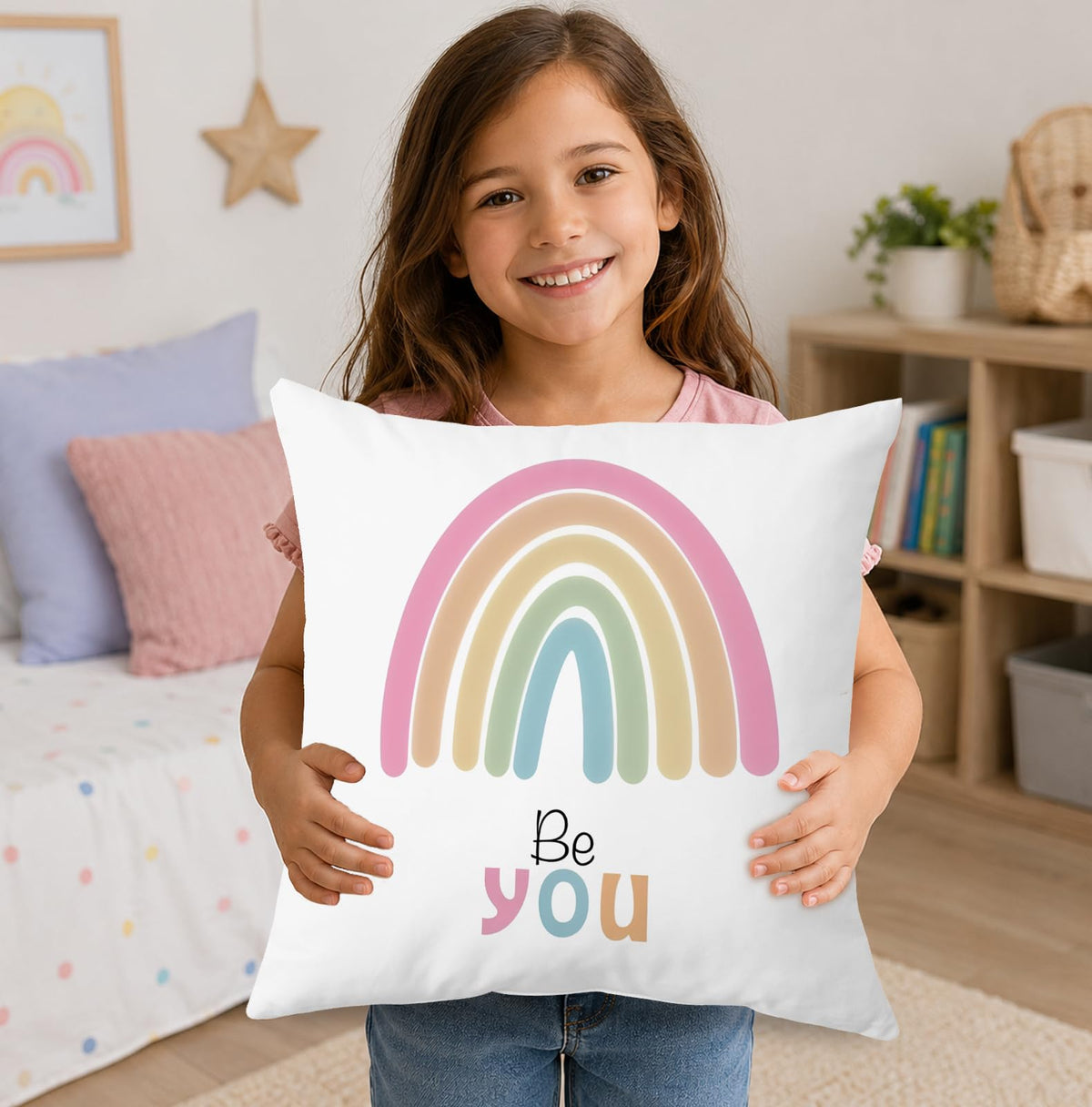 Boho Rainbow Heat Nursery Classroom Throw Pillow Covers 18x18 Set of 2 (Qt-bz-mental Health-boho Rainbow)