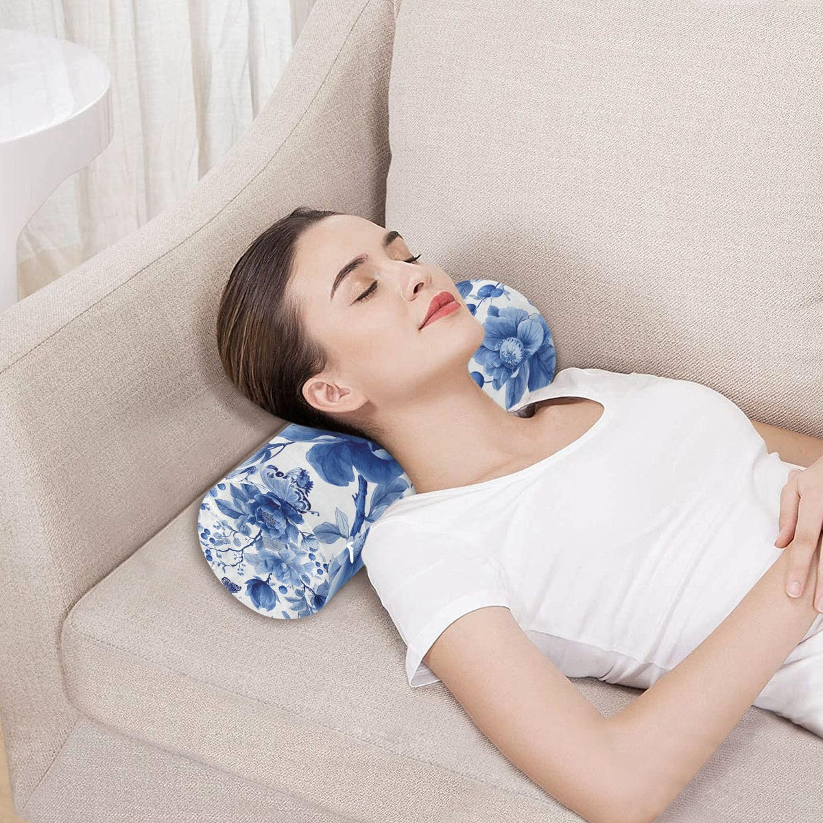 Blue White Flower Neck Roll Pillow Bolster Round Health Memory Foam Long Cervical Roll Cylinder Pillows with Removable Washable Cover for Body Bed Legs Back Yoga (Blue and White 35)