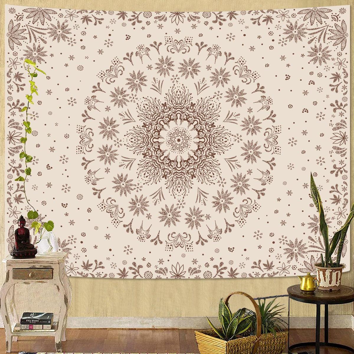 Boho Floral Mandala Tapestry Wall Hanging Bohemian Flower Medallion Tapestry Aesthetic Beige Brown Hippie Indian Small Tapestries for Bedroom Living Room Dorm Decor 80 x 60 Inch (Brown / 80"L x 60"W)
