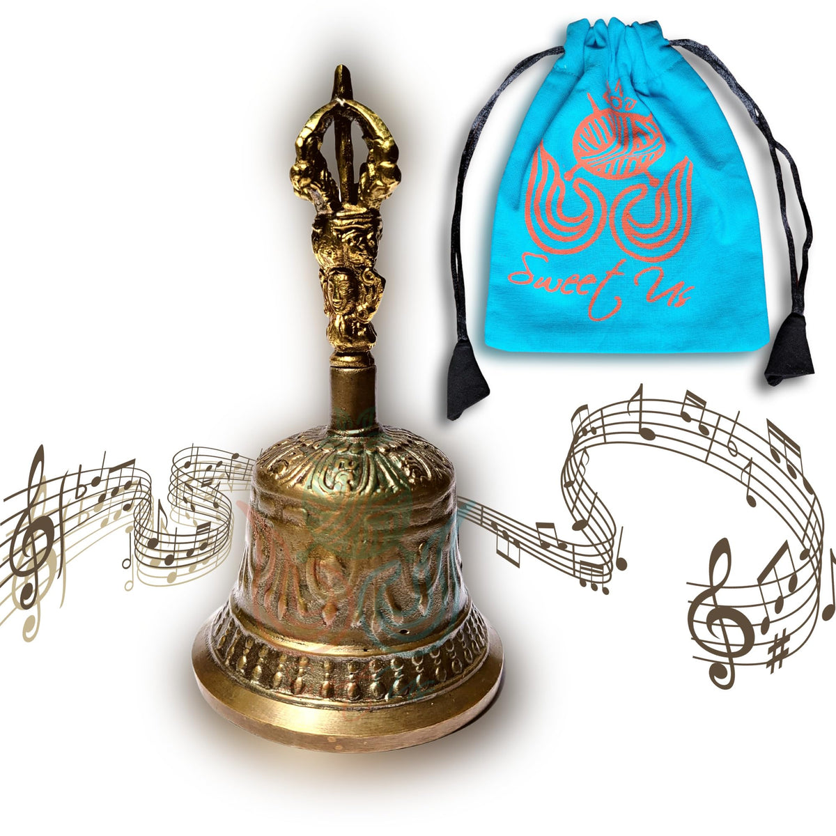 Solid Sturdy Antique Brass Hand Bell and Pouch Bundle (5-in High / Antique Brass, Engraved)