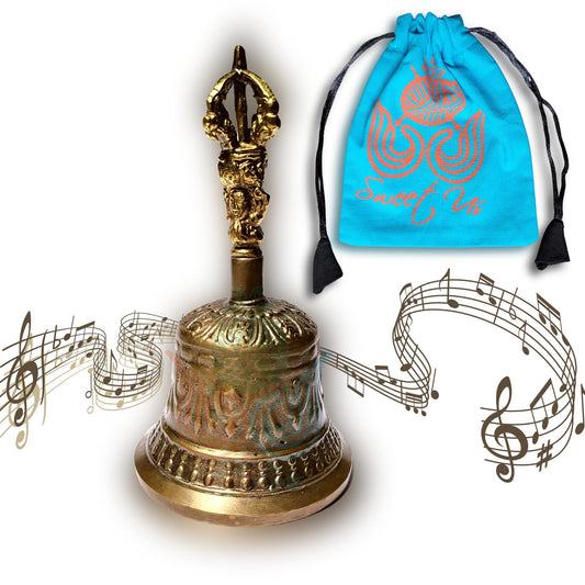 Solid Sturdy Antique Brass Hand Bell and Pouch Bundle (5-in High / Antique Brass, Engraved)