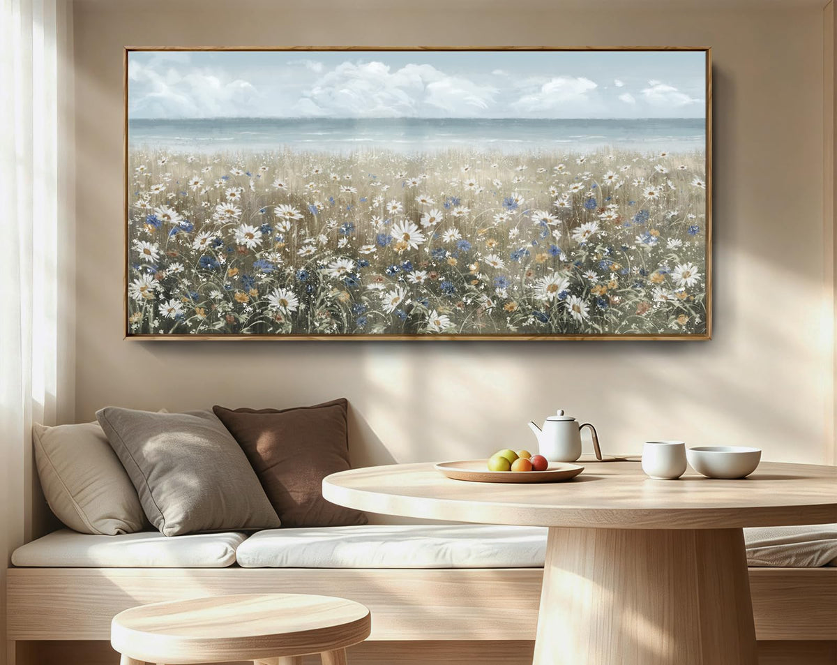 Large Wall Art for Living Room Framed Boho Beach Coastal Floral Ocean Wall Picture Farmhouse Daisy Flower Sea Canvas Print Nautical Neutral Vintage Warm Artwork Home Bedroom Office Decor 48x24 (Coastal Flower Sea Art / 48"L x 24"W)