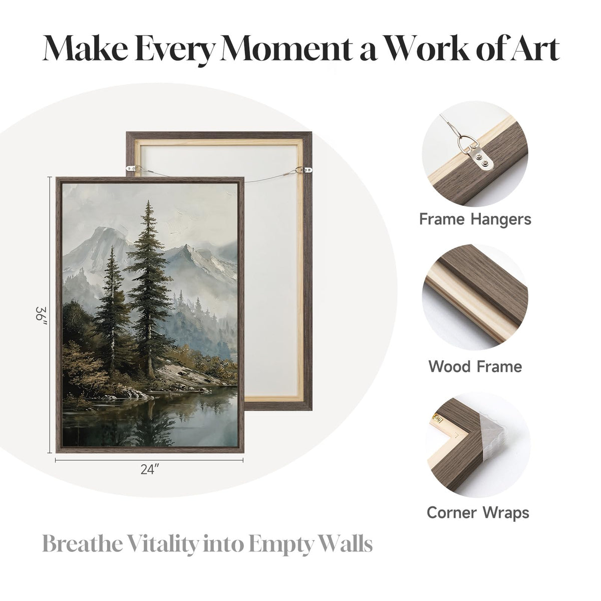 3 Piece Large Framed Mountain Landscape Wall Art for Living Room (Gray / 24" W x 36" H x 3Pcs)