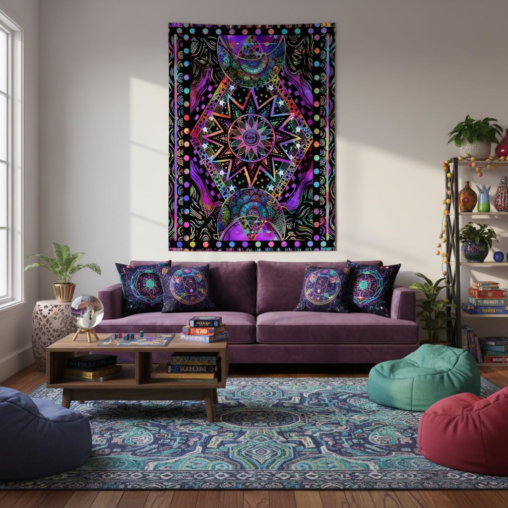 Blacklight Sun and Moon Tapestry Glow in The Dark Neon Hippie Bohemian Tapestries for Bedroom Aesthetic UV Reactive Purple Celestial Tie Dye Tapestry Wall Hanging for Living Room Dorm (Purple / 40"L x 30"W)