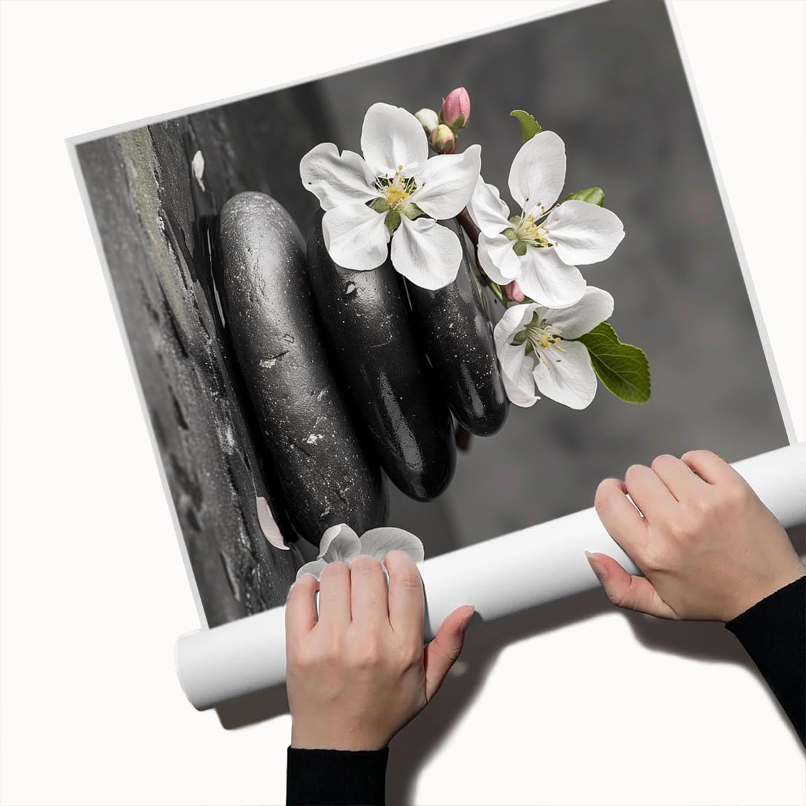 Zen Black Stones and White Flowers Wall Art (Unframed-9 / 24"L x 36"W)
