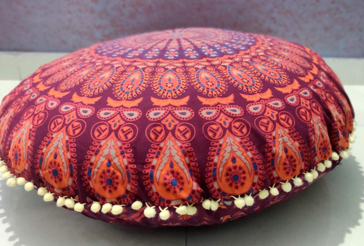 ICC 32" Indian Mandala Ottoman Throw Pouf Cover Seating Ottoman Cover Ethnic Cushions Bohemian Decor Fall Decor Pouf Case Decorative Footstool Round Floor Maroon (Maroon)