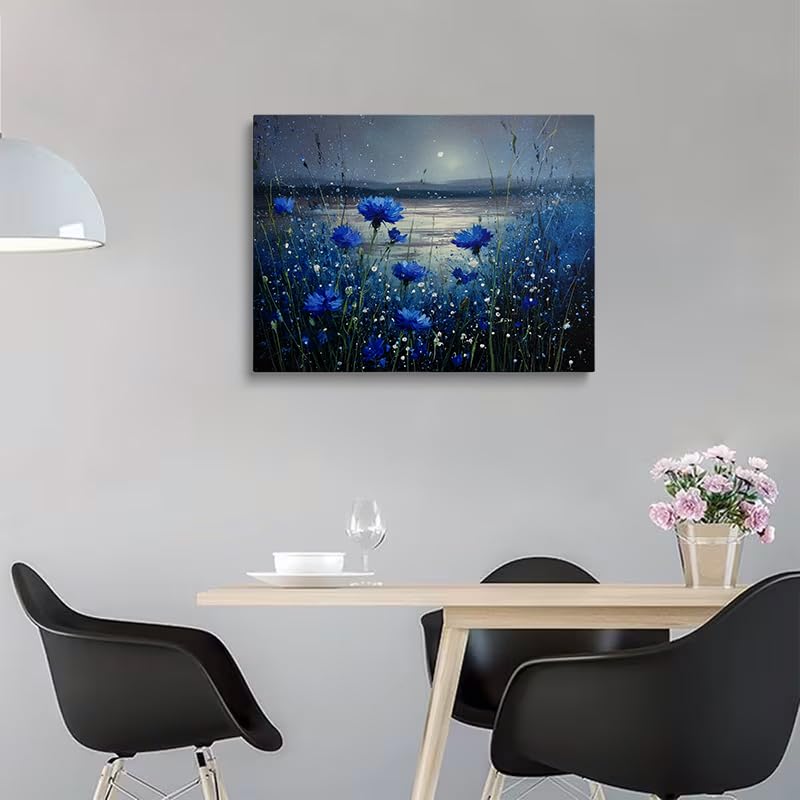 Vibrant Blue Cornflowers Moonlit Lake Landscape Canvas Wall Art (Blue Flower (Wrapped Canvas) / 24"L x 16"W)