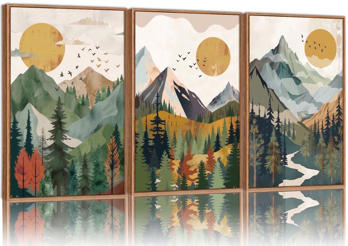 Boho Mountain Framed Canvas Wall Art (Watercolor Sun Forest / 36"L x 24"W)