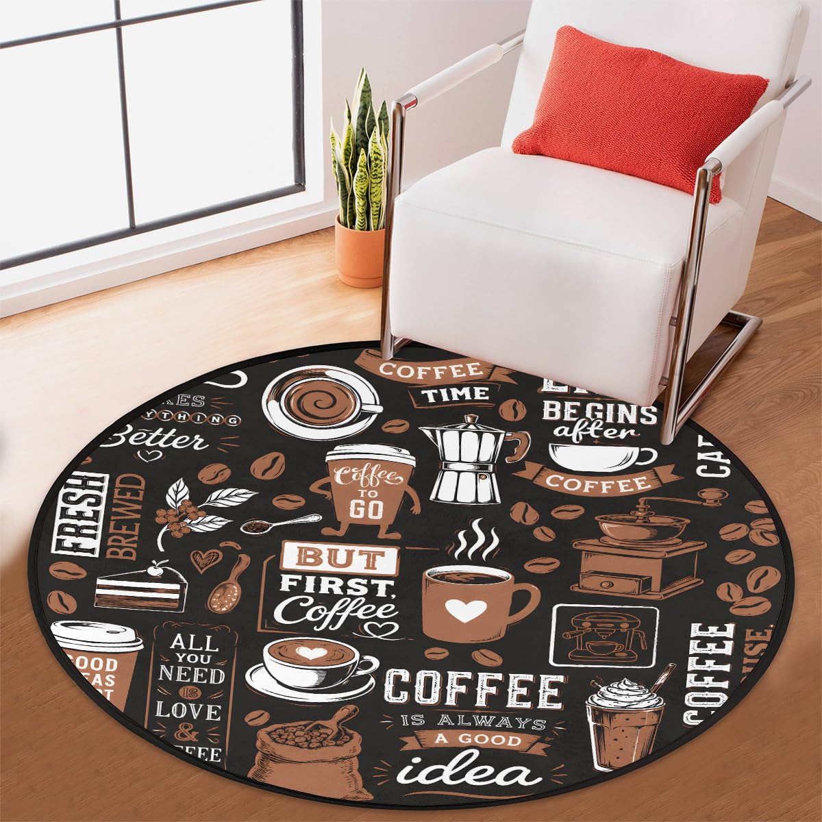5 Ft Coffee Start Round Rug Circle Area Rugs Circular Door Mat for Indoor (A:a-4 / 5'5" (Round))