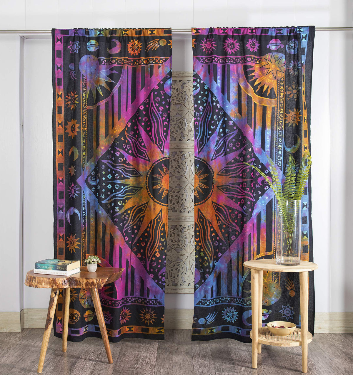 Indian Burning Sun Hippie Mandala Window Curtains (42"W x 100"L (Pack of 2) / Purple Tie Dye)