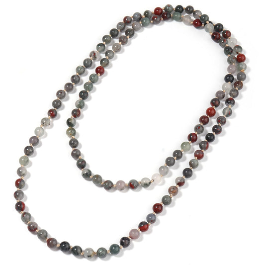 108 Mala Beaded Long Necklace Hand Knotted for Women (Bloodstone)