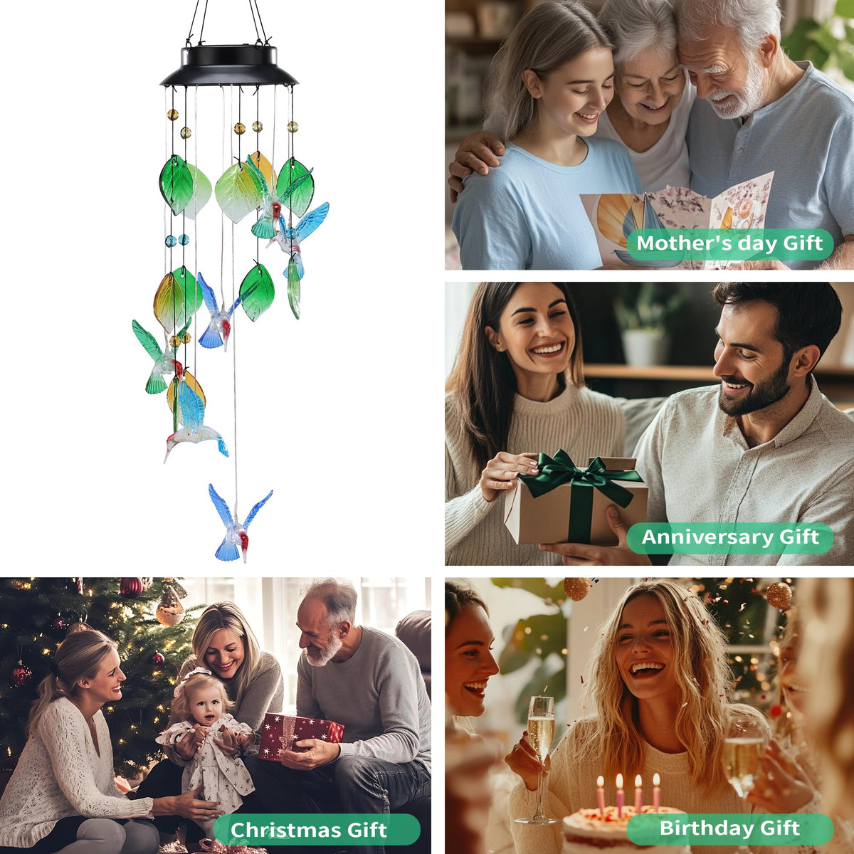 Solar Hummingbird Wind Chime Outdoor 29 Inch