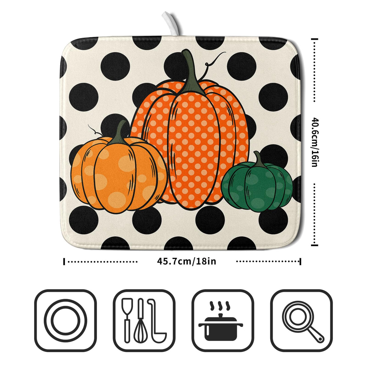 Autumn Pumpkin Dish Drying Mat for Kitchen Counter (Pumpkin and Black Dot230807 / 16" x 18")